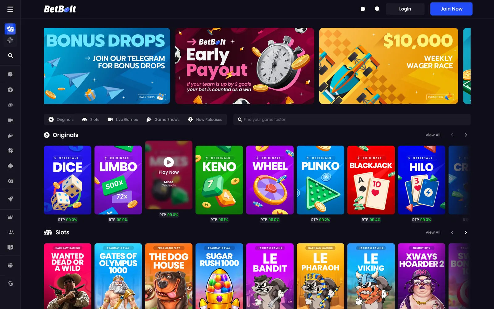 BetBolt casino lobby on desktop