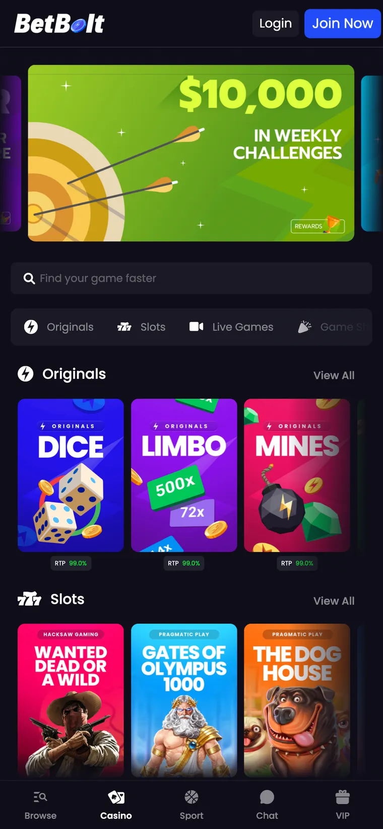 BetBolt casino lobby on mobile